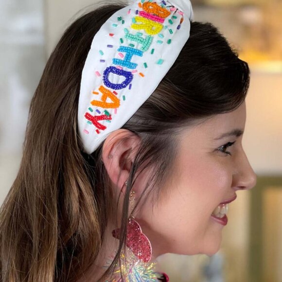 NEW IT's MY BIRTHDAY Confetti Rainbow White Fabric Embellished Headband - Picture 4 of 9